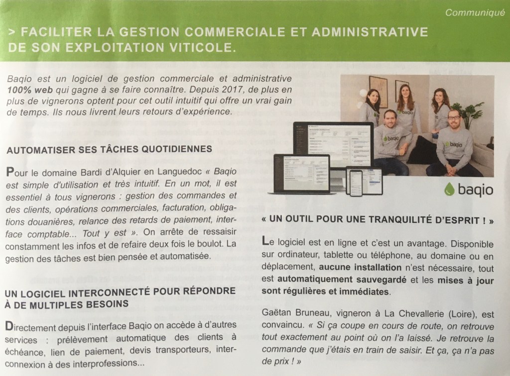 Photo de l'article "Faciliter la gestion commerciale et administrative de son exploitation viticole" avec Baqio, dans Réussir Vigne.